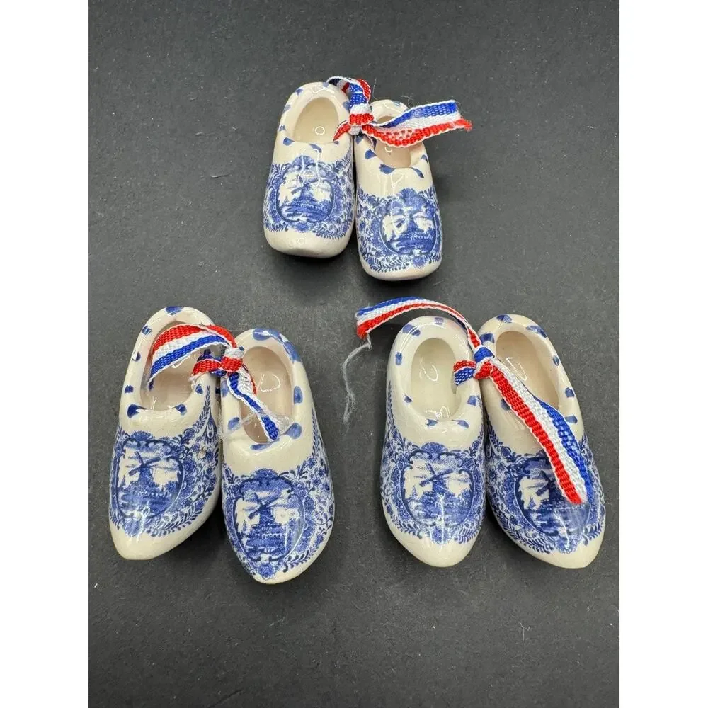 Miniature Holland Dutch Delft Blue/White Windmill Shoes Clogs Ornament 3 Pairs